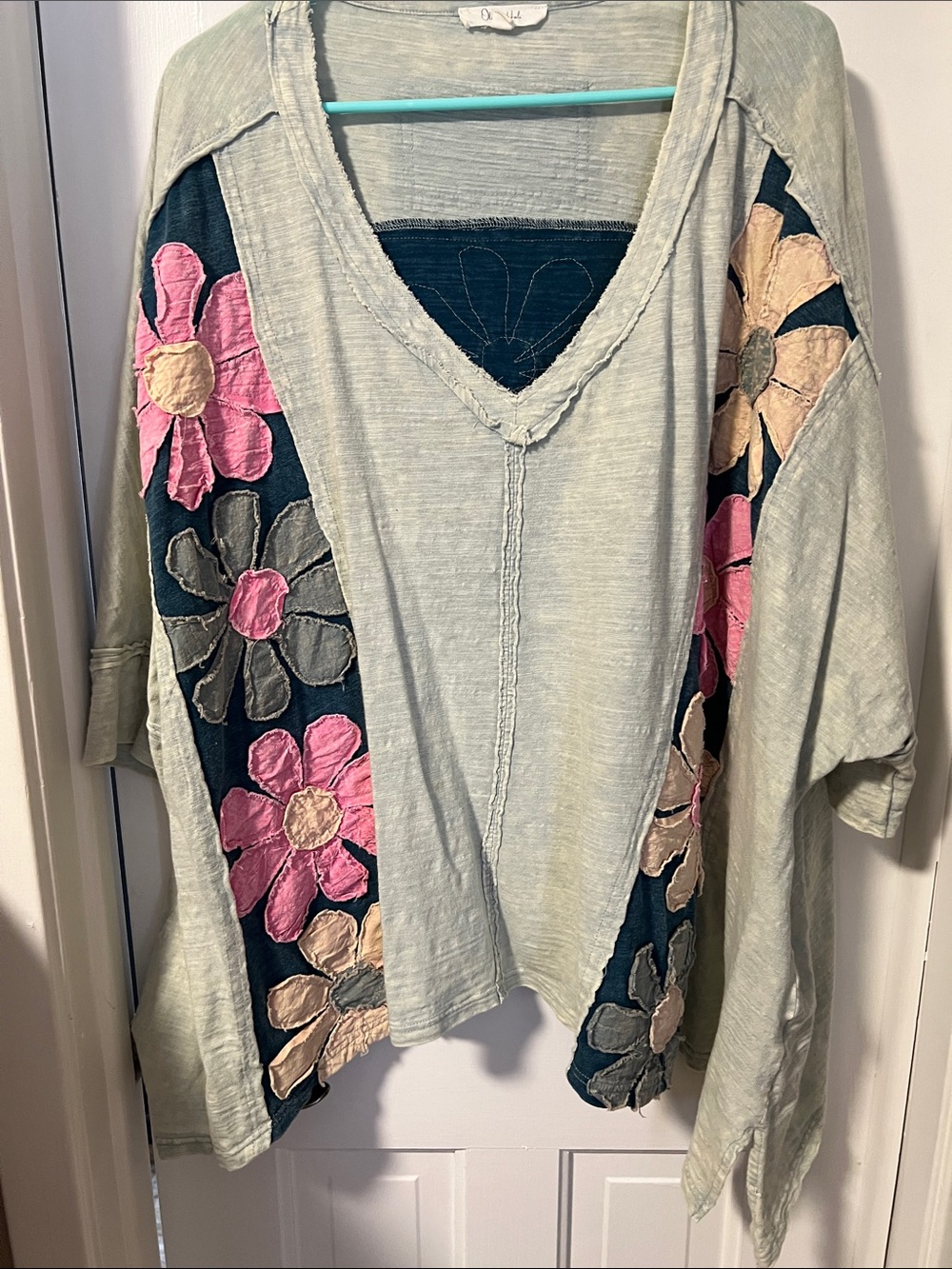 Oli & Hali Sage Green V-Neck Tunic with Pink and Beige Floral Appliqué